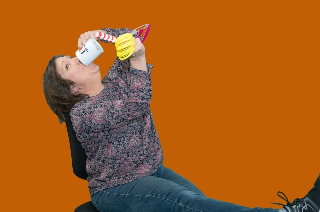Susan Keller-Mathers drinking coffee