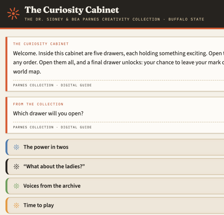 Screenshot of a webpage "the curiosity cabinet"
