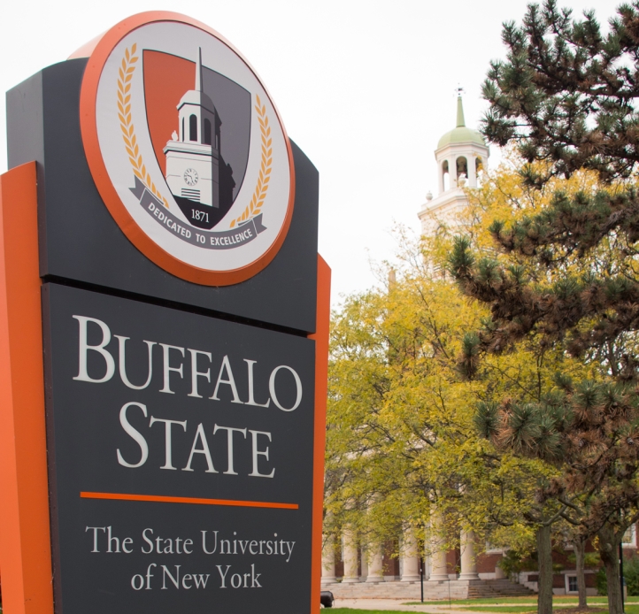 Buffalo State campus sign with Rockwell Hall tower