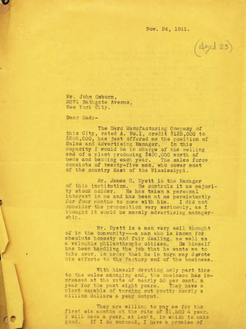 A letter from Osborn to his father noting his career change