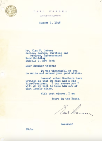 Letter from Earl Warren (Governor of California and later Chief Justice of the Supreme Court)