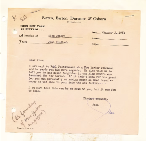 Letter crediting Alex with launching the New Yorker